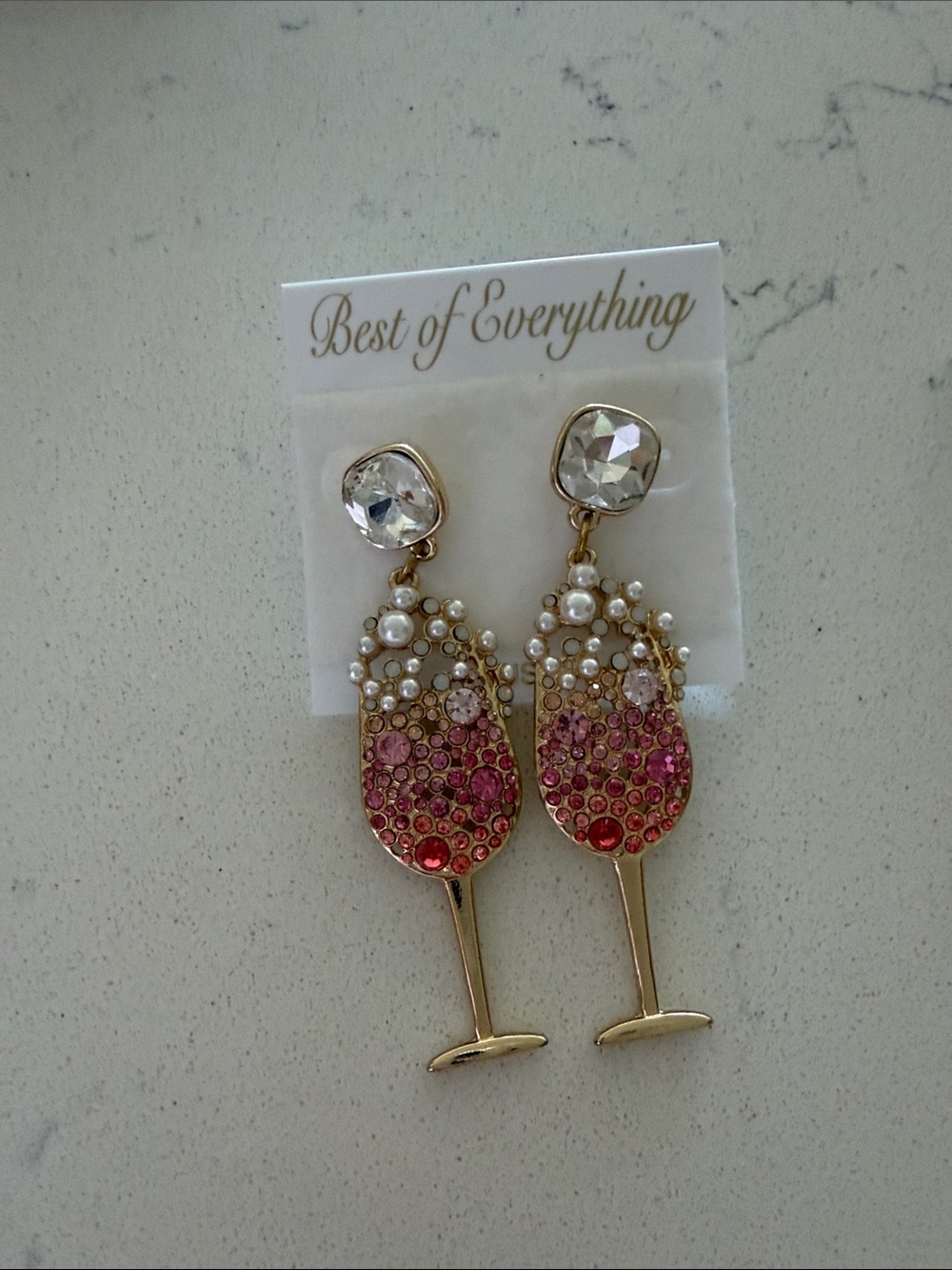 Pink Wine Glass Drop Earrings - Gold Tone